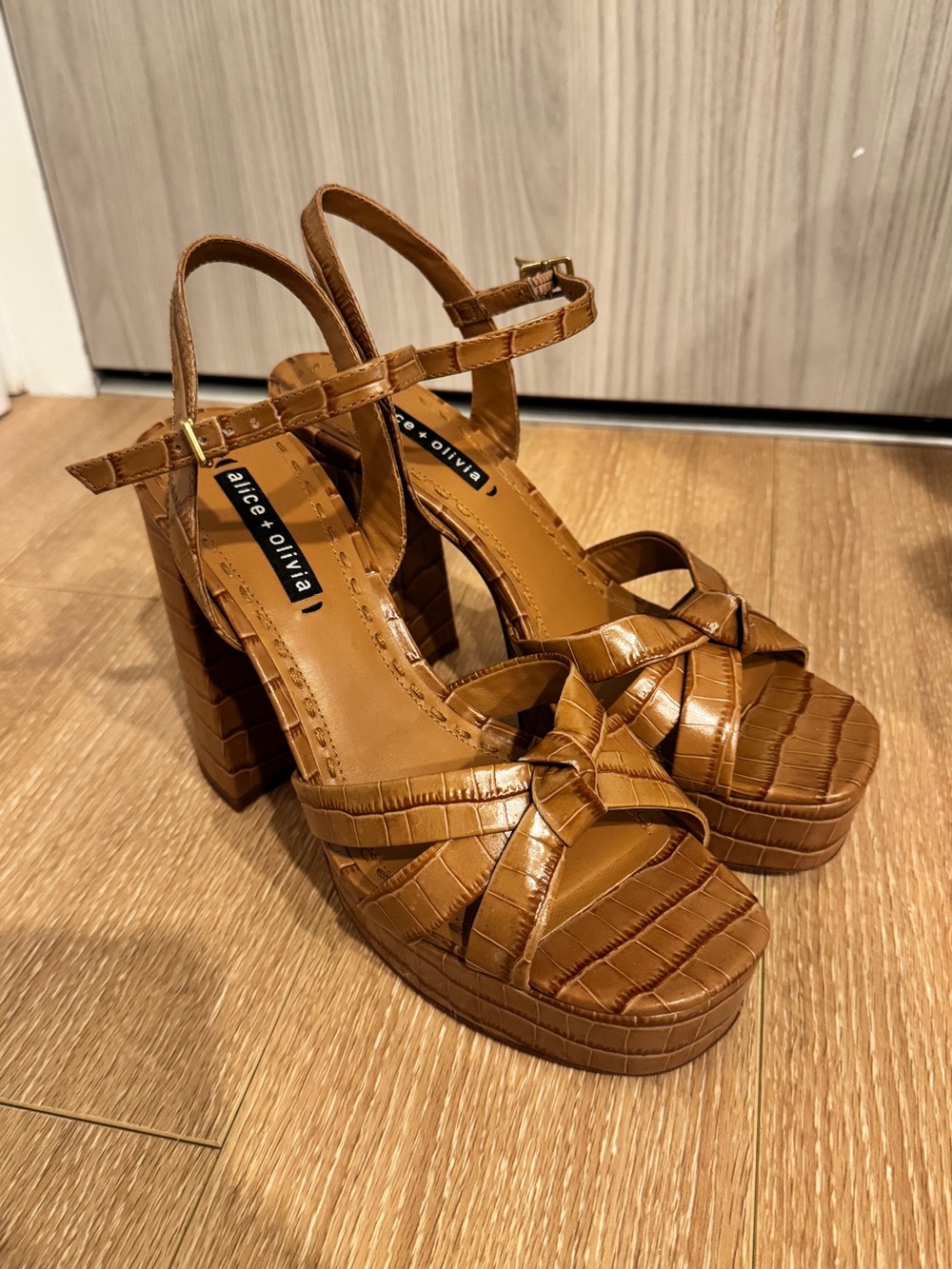 Alice + Olivia Tan Croc-Embossed Platform Block Heels - Picture 5 of 8